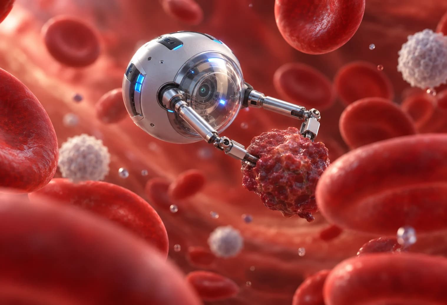 A microscopic robot with articulated arms gripping a cell in a bloodstream crowded with red blood cells.