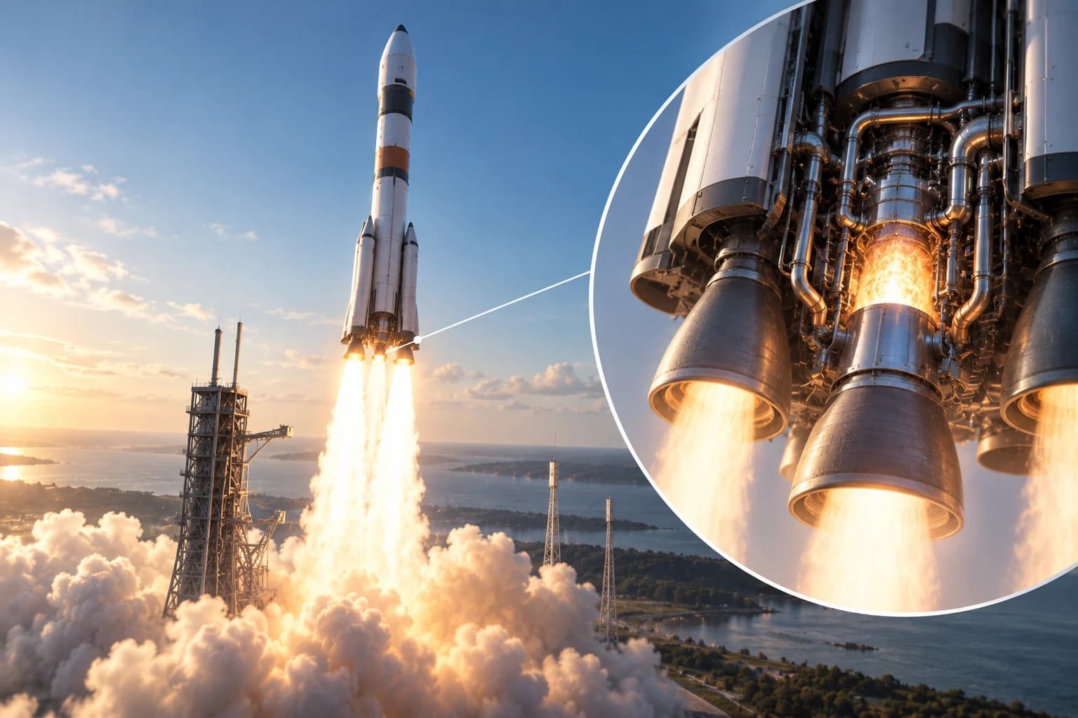 A rocket launching above clouds beside a detailed cutaway of its engine.