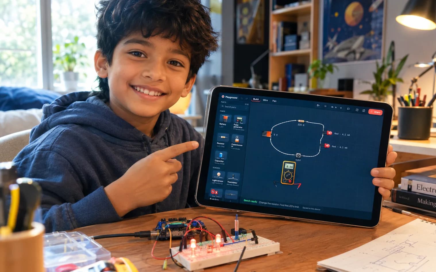 A young learner at a desk points to a tablet showing a circuit-building playground, with a real breadboard circuit lit up in front of him.