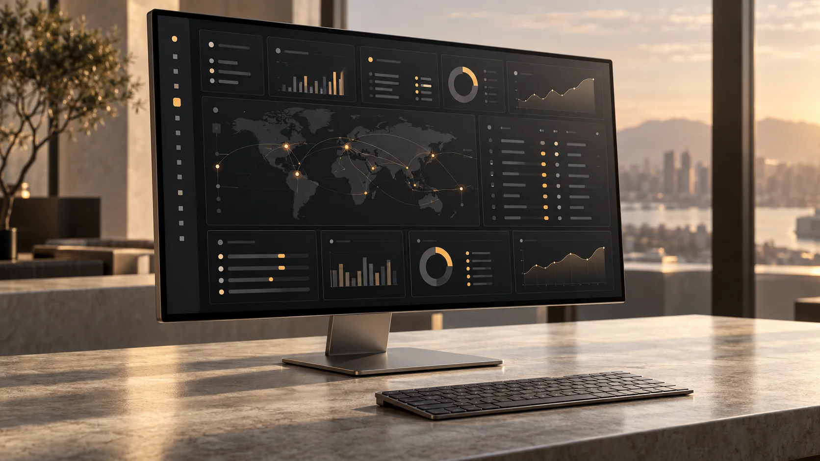 A dark business dashboard on a desktop monitor in a sunlit office, with charts, a world map and tables whose text is abstracted.