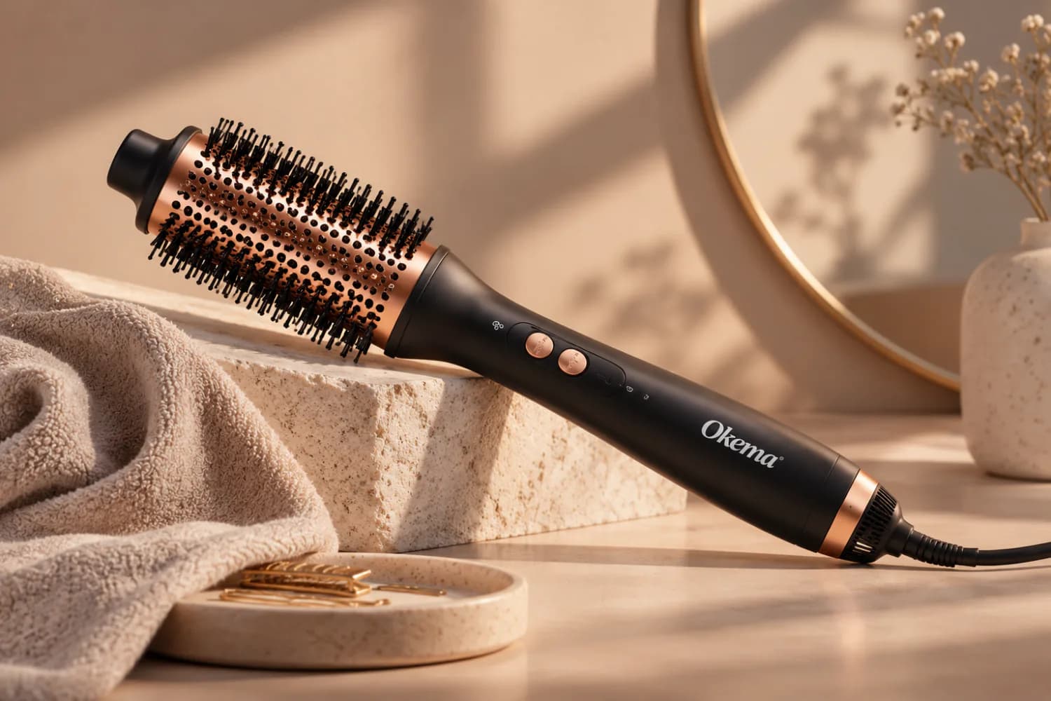 An Okema round volumising brush in black and rose gold lying on travertine beside a folded towel, a round mirror and dried flowers.