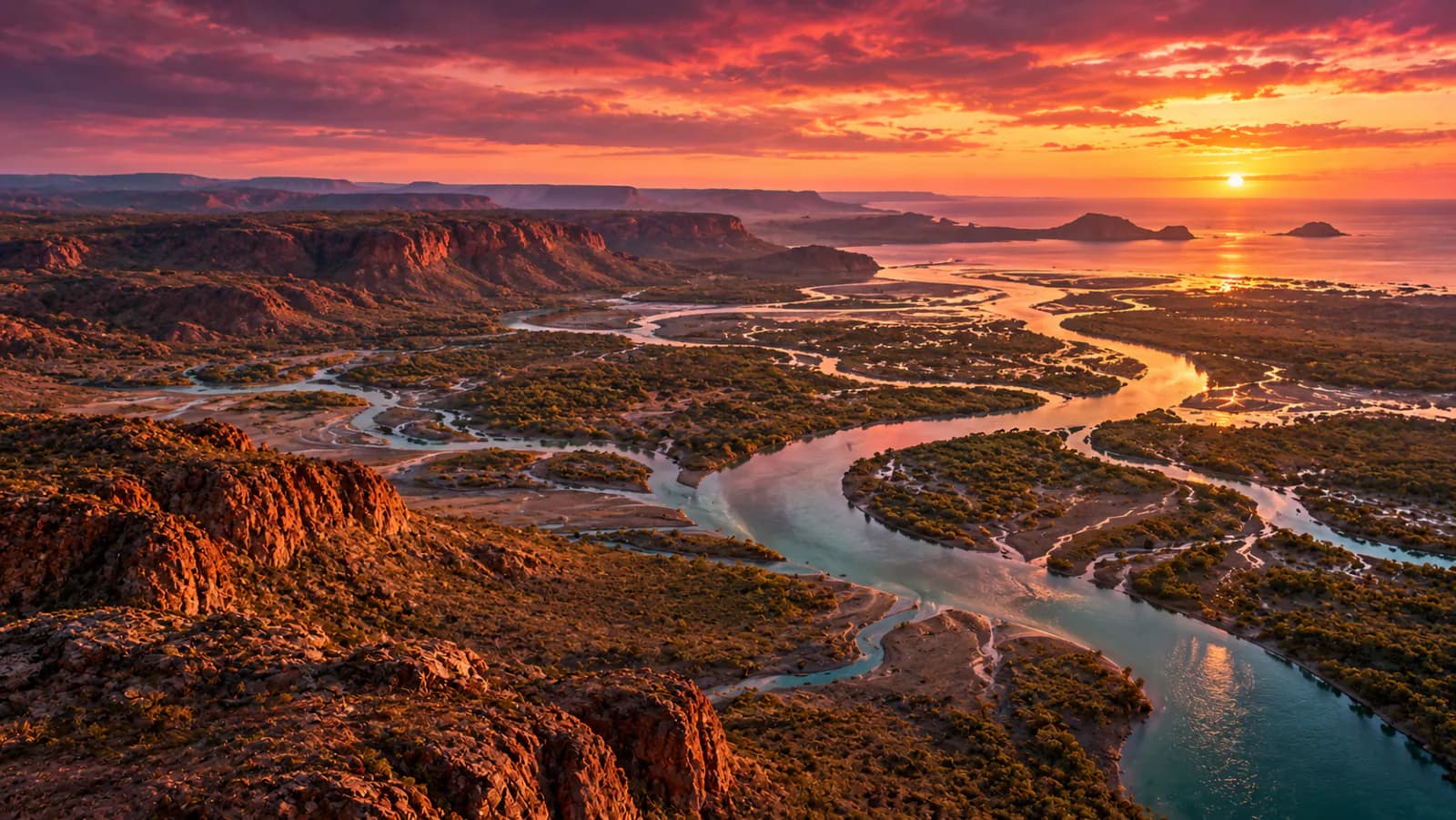 Aerial view of a river delta braiding through red rock escarpment, lit by a magenta and gold sunset.