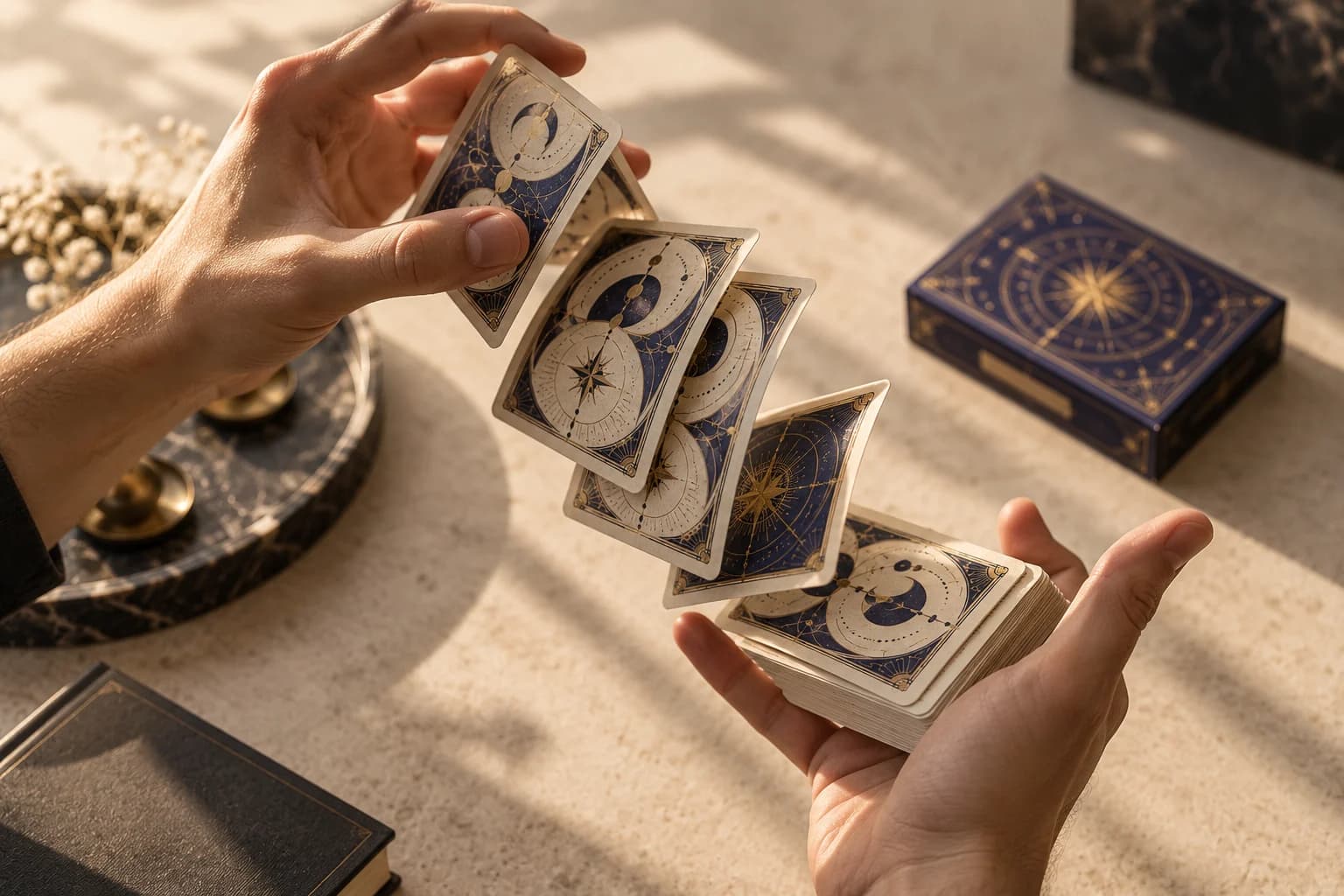 Hands performing a flourish with Cardnation’s indigo and gold cards