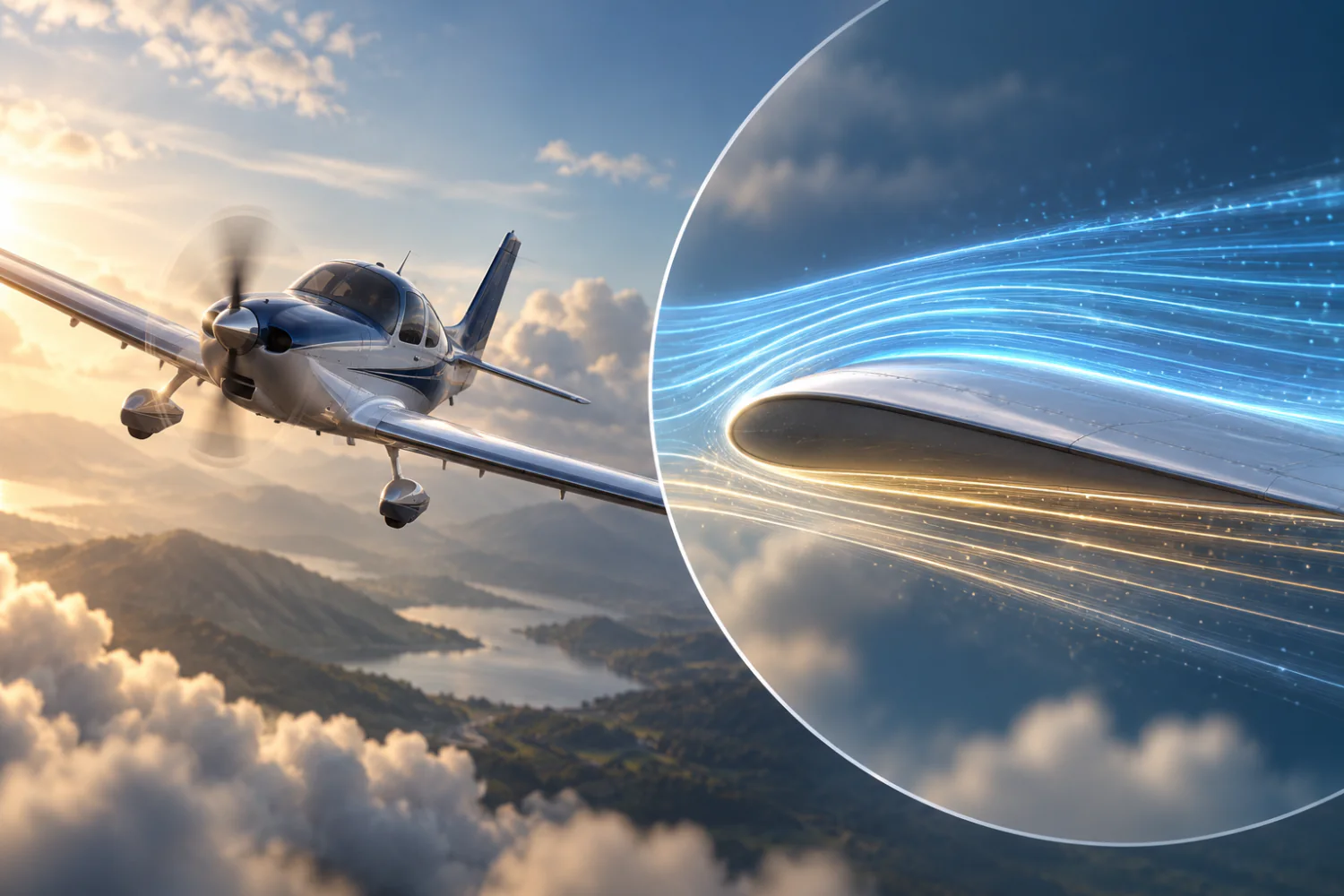 A light aircraft in flight beside a magnified circular inset showing blue airflow streamlines separating over an aerofoil section.
