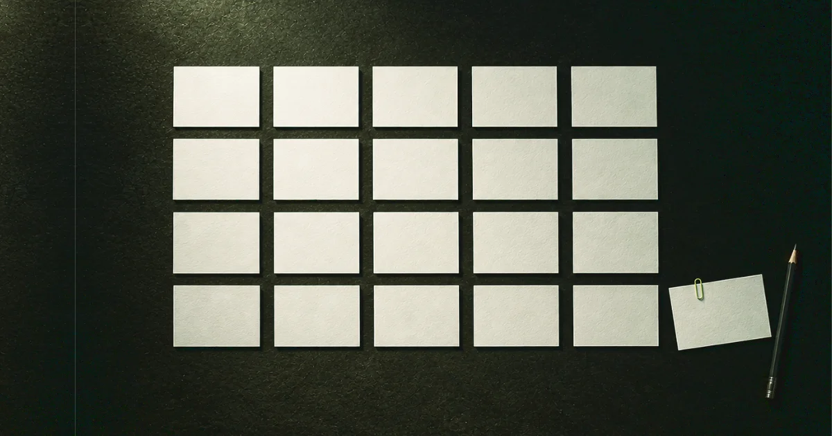 A grid of blank index cards on a dark desk, one set apart with a pale green clip.